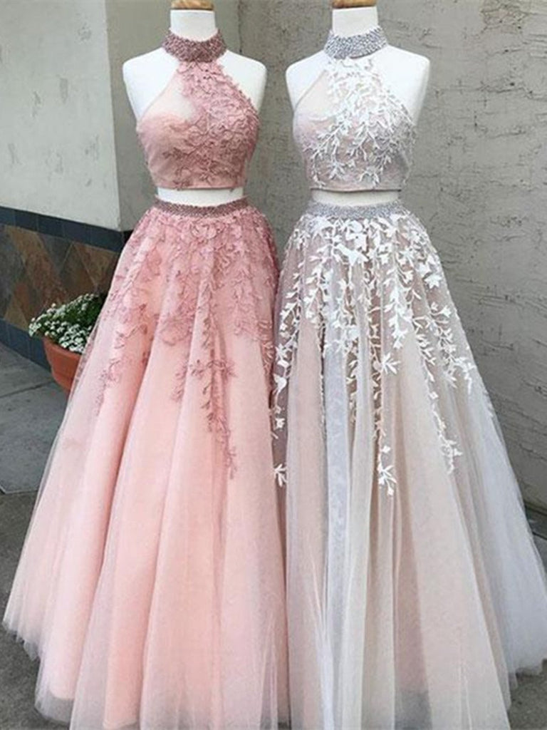 2 Pieces Champagne/Pink Lace Prom Dress, 2 Pieces Lace Formal Dress