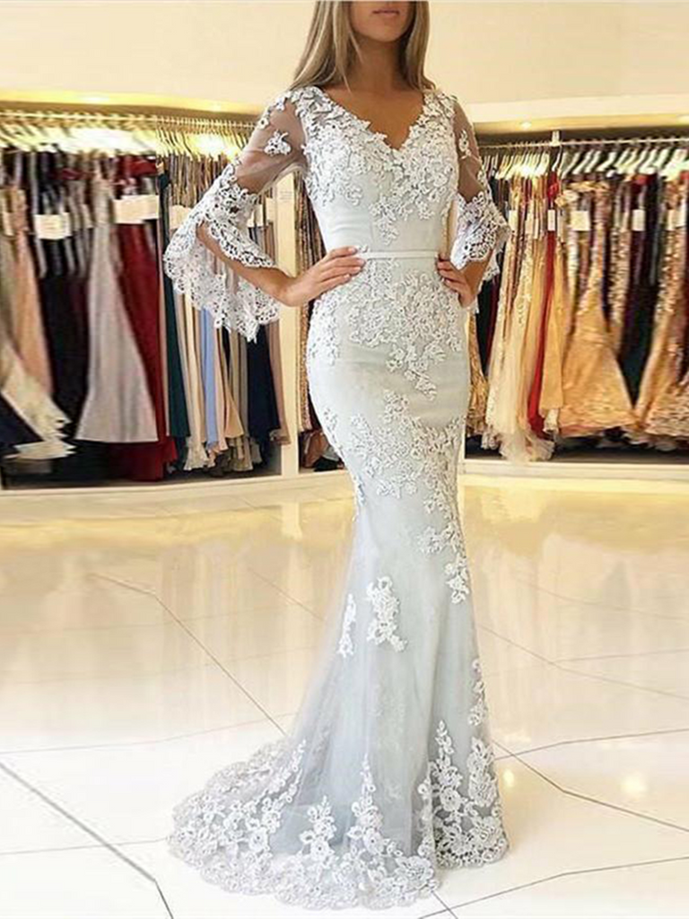 V Neck Mermaid Lace Ivory Wedding Party Dress With 3/4 Butterfly Sleev morievent V Neck Mermaid Lace Ivory Wedding Party Dress With 3/4 Butterfly Sleev morievent