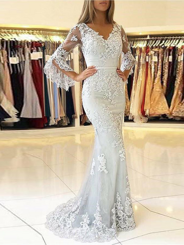V Neck Mermaid Lace Ivory Wedding Party Dress With 3/4 Butterfly Sleeves, Lace Mermaid Formal Evening Gown Ivory