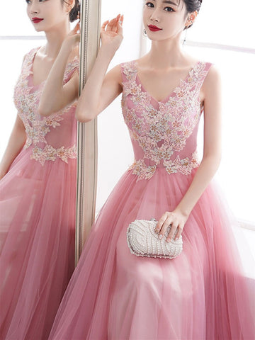 Pink v neck tulle lace long prom dress, pink tulle lace formal evening dress