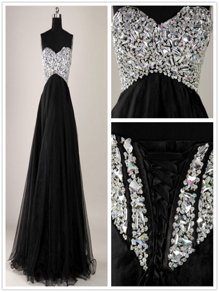 A Line Sweetheart Neck Black Floor Length Long Prom Dresses, Black Formal Dresses
