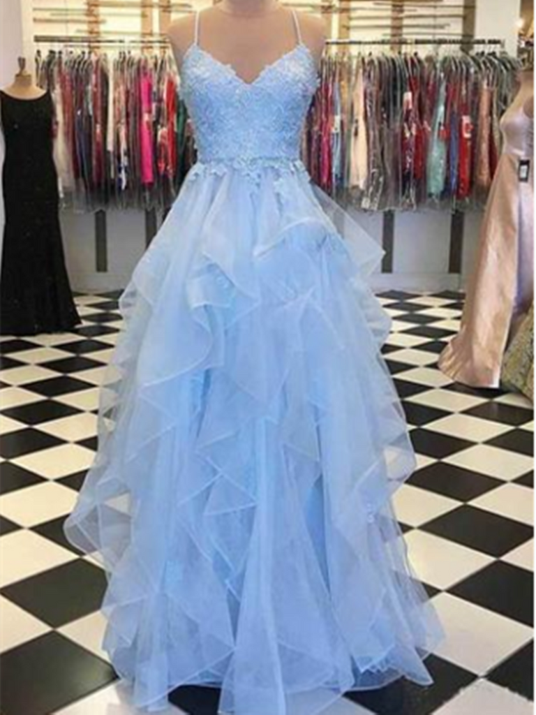 Blue sweetheart neck tulle lace long prom dress, Blue tulle lace evening dress