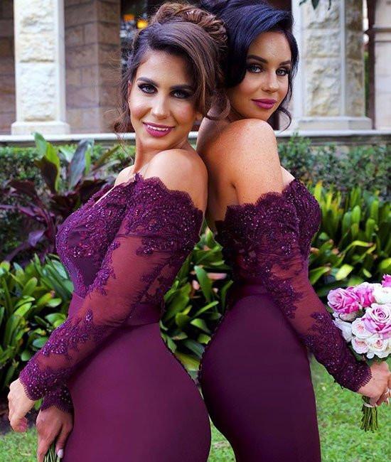 Custom Made Off Shoulder Maroon Long Sleeves Mermaid Lace Prom Dresses morievent Custom Made Off Shoulder Maroon Long Sleeves Mermaid Lace Prom Dresses morievent