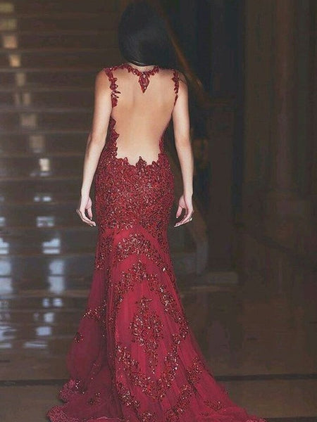  Mermaid V-neck Sweep/Brush Train Applique Tulle Prom Dresses, Burgundy  Mermaid V-neck Evening Dresses