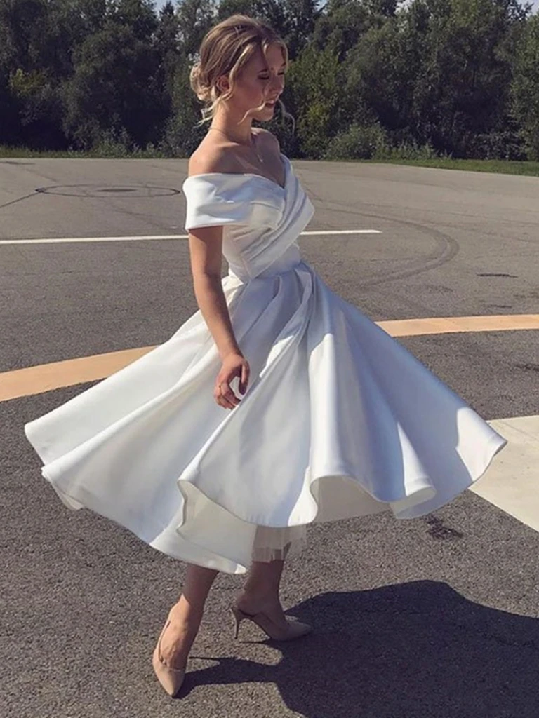 White Satin Off the Shoulder Tea Length Prom Dresses, Off Shoulder Whi morievent White Satin Off the Shoulder Tea Length Prom Dresses, Off Shoulder Whi morievent