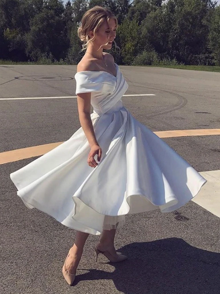 White Satin Off the Shoulder Tea Length Prom Dresses, Off Shoulder White Formal Graduation Homecoming Dresses