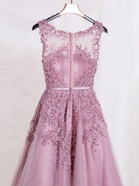Pink round neck applique beaded tulle long prom dresses, Pink applique beaded tulle evening dresses
