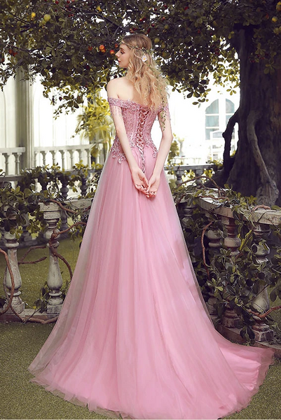 Off Shoulder Pink Lace Tulle Long Prom Dresses, Lace Tulle Pink Bridesmaid Dresses, Pink Lace Tulle Long Formal Evening Dresses