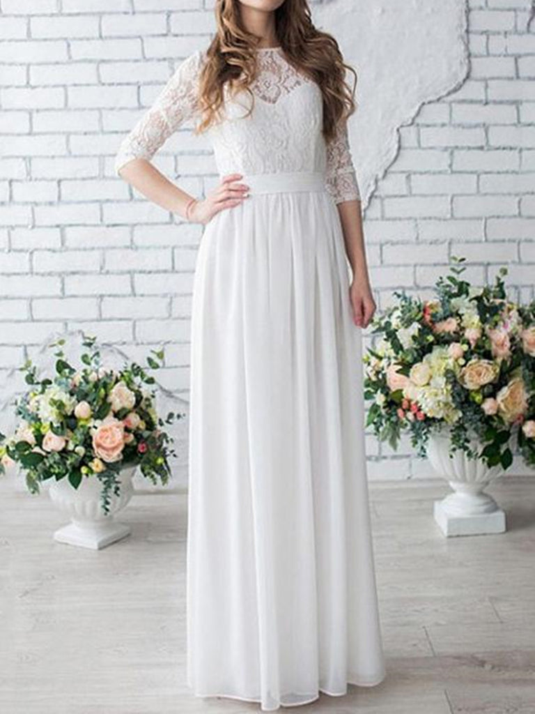 Round Neck White Lace Long Half Sleeves Chiffon Wedding Dress,Lace Half Sleeves Bridal Dress 
