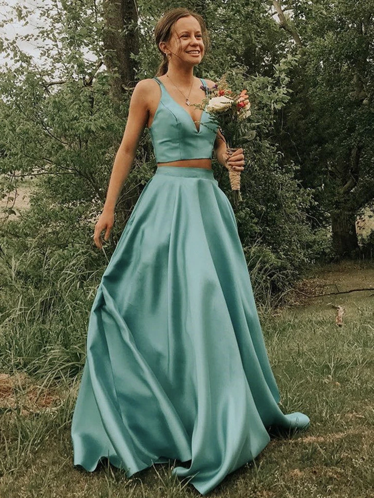 green prom dress two piece Sexy Two Piece Green Sequins A-line Long Formal Gown