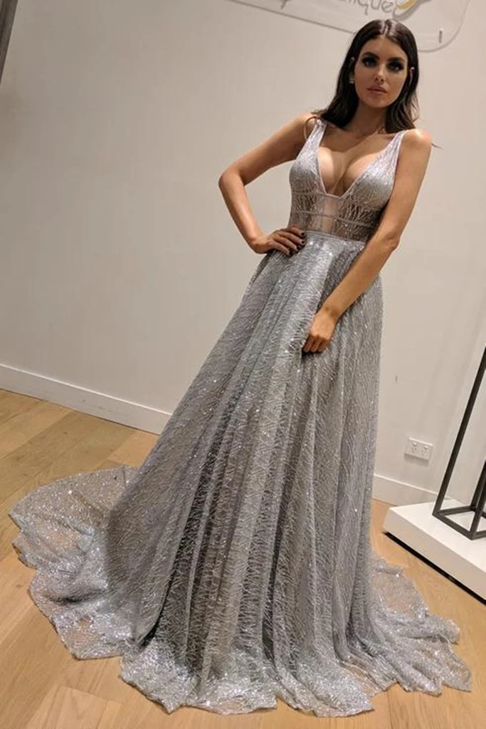 Shiny V Neck Backless Silver Grey Long Prom Dresses, Silver Grey Backl morievent Shiny V Neck Backless Silver Grey Long Prom Dresses, Silver Grey Backl morievent