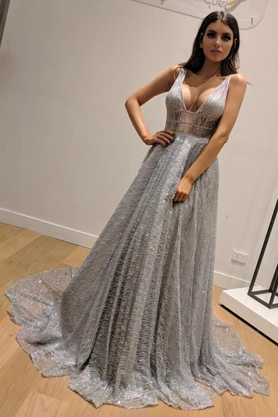 Shiny V Neck Backless Silver Grey Long Prom Dresses,  Silver Grey Backless Formal Graduation Evening Dresses