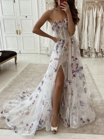 A Line Stylish Lace Long Prom Dresses, Stylish Lace Long Formal Evening Dresses