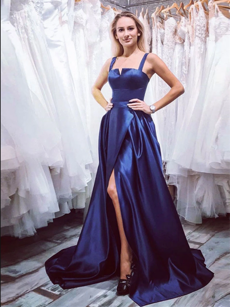 Blue Satin Long Prom Dress With Leg Slit, Long Blue Formal Evening Dress