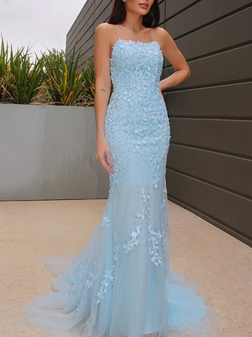 Mermaid Beaded Light Blue Lace Long Prom Dresses with Train, Light Blue Backless Lace Formal Graduation Evening Dresses