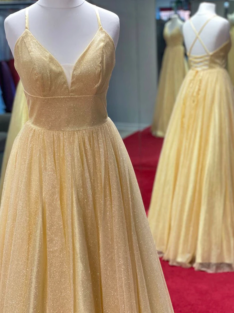 cute gold dresses Cute A Line V Neck tulle Sequins Yellow Long Prom Dresses, Yellow Sequ – morievent