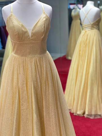 Cute A Line V Neck tulle Sequins Yellow Long Prom Dresses, Yellow Sequins Long Formal Evening Desses