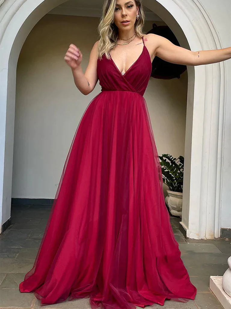 V Neck Backless Burgundy Tulle Long Prom Dresses, Open Back Maroon For morievent V Neck Backless Burgundy Tulle Long Prom Dresses, Open Back Maroon For morievent