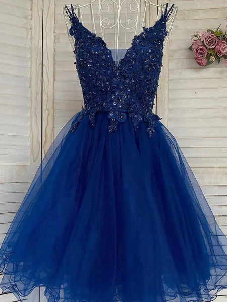 V Neck Blue Tulle Lace Short Prom Dresses, V Neck Blue Tulle Lace Short Formal Evening Dresses