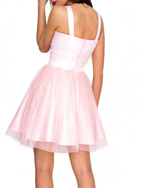 V Neck Pink Short Tulle Homecoming Dresses , V Neck Pink Short Tulle Prom Dresses