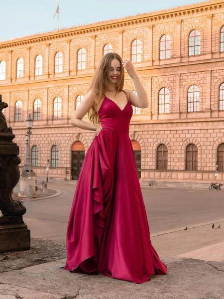 Simple V Neck Burgundy Satin Long Prom Dresses, Simple V Neck Burgundy Satin Long Formal Evening Dresses