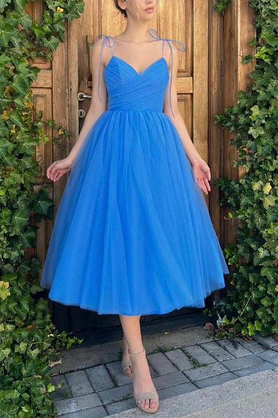 A Line V Neck Blue Tulle Prom Dresses, Tea Length Blue Tulle Graduation Homecoming Dresses