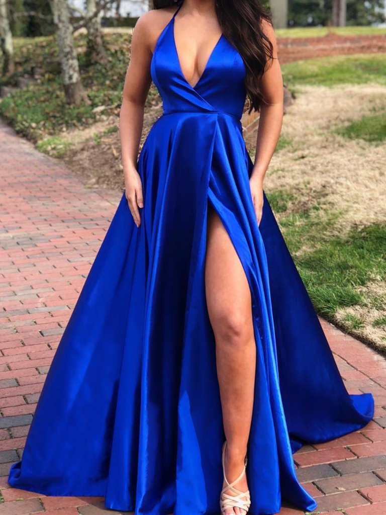 A Line V Neck Yellow/Royal Blue Prom Dress with High Leg Slit, Yellow/ morievent A Line V Neck Yellow/Royal Blue Prom Dress with High Leg Slit, Yellow/ morievent