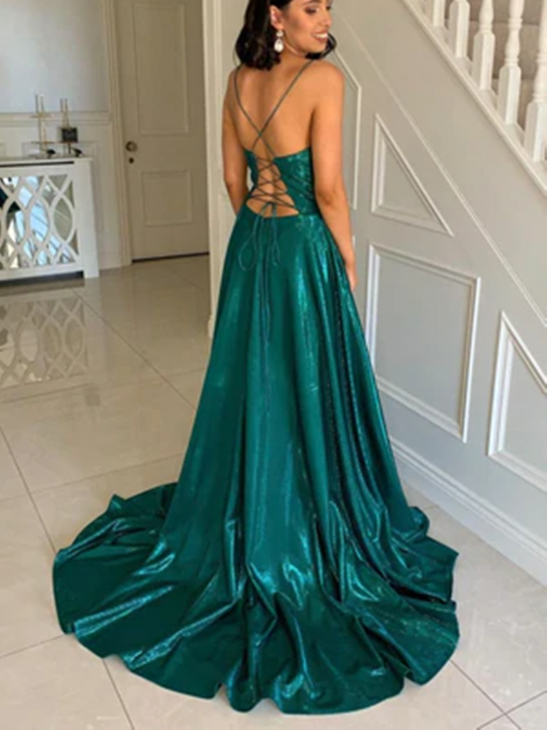 Off Shoulder Emerald Green Satin Long Prom Dresses with High Slit, Off –  morievent