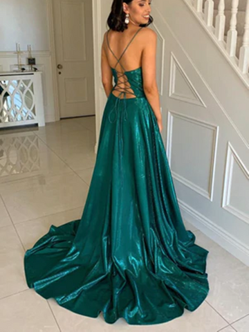 A Line Green Satin Backless Long Prom Dresses, A Line Green Satin Backless Long Formal Evening Dresses