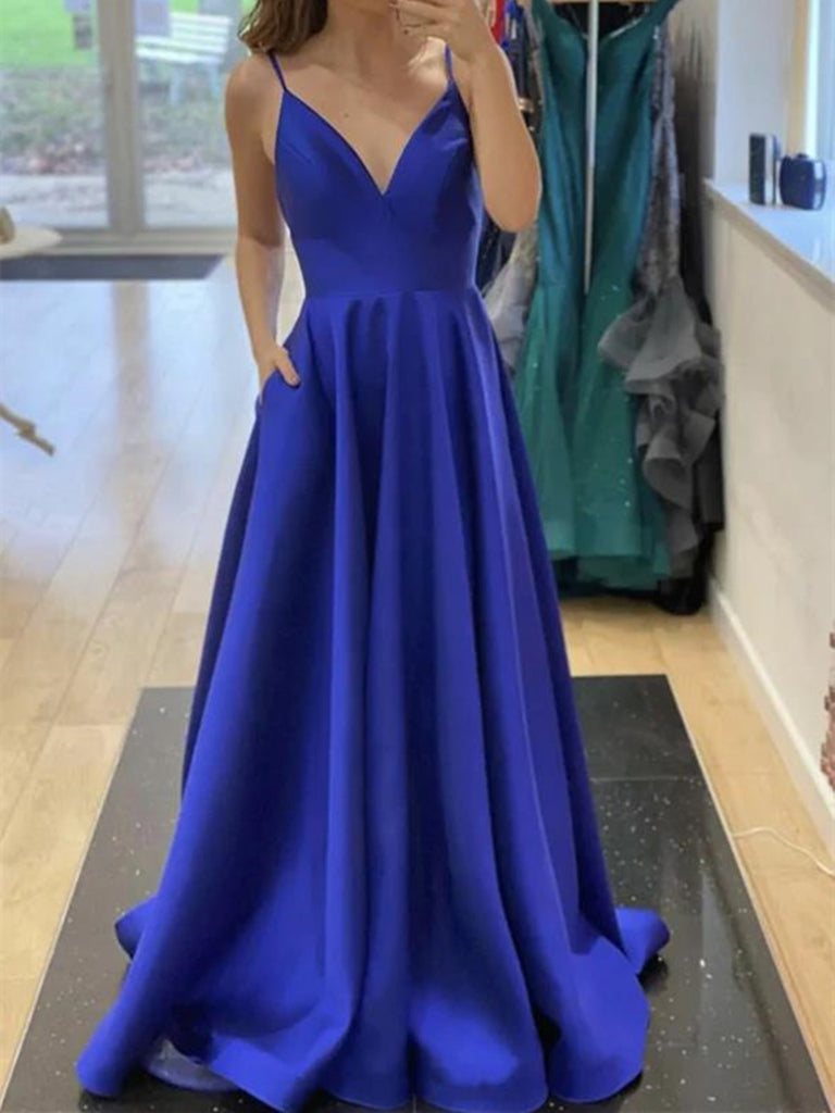 A Line V Neck Open Back Blue Long Prom Dresses, Royal Blue Formal Grad