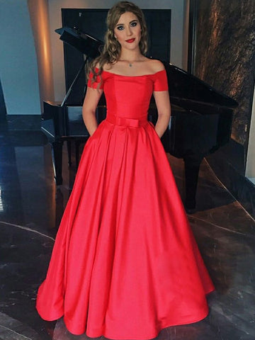 A Line Off Shoulder Red Prom Dresses, Off Shoulder Red Formal Evening Dresses