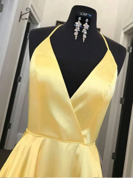 Yellow V Neck Satin Long Prom Dress, Yellow Evening Dress, Formal Evening Dress