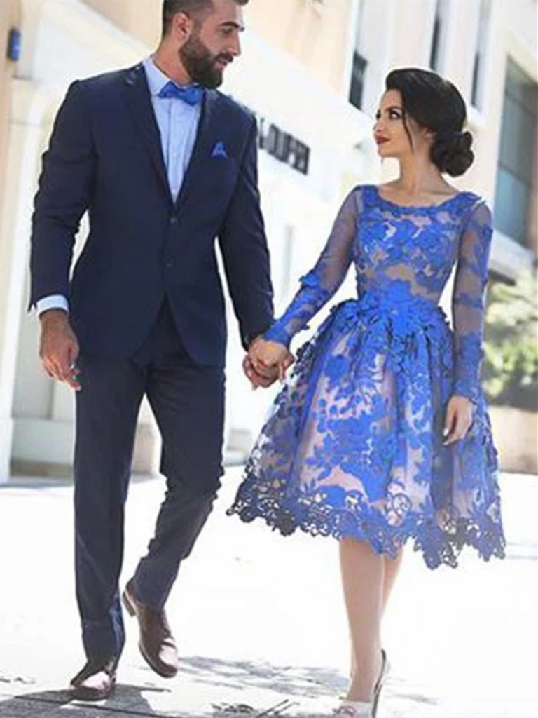 Blue Lace Long Sleeves Knee Length Short Prom Dresses, Knee Length Long Sleeves Blue Lace Formal Homecoming Dresses Blue Lace Long Sleeves Knee Length Short Prom Dresses, Knee Length Long Sleeves Blue Lace Formal Homecoming Dresses