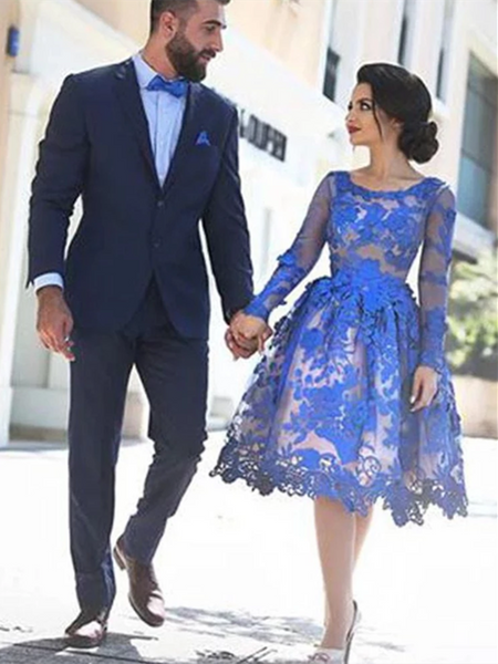 Blue Lace Long Sleeves Knee Length Short  Prom Dresses, Knee Length Long Sleeves Blue Lace Formal Homecoming Dresses