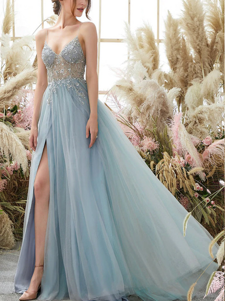 V Neck Blue Beaded Prom Dresses, Blue Beaded Formal Graduation Dresses