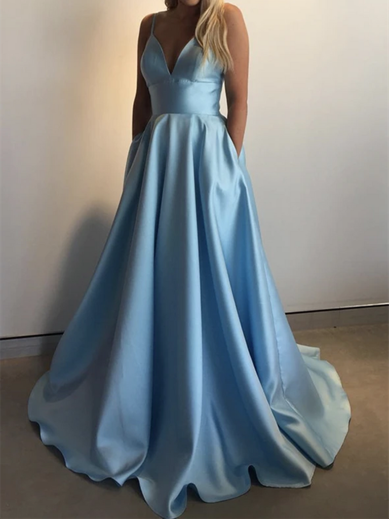 Simple A Line V Neck Blue Satin Long Prom Dresses, A Line V Neck Yello morievent Simple A Line V Neck Blue Satin Long Prom Dresses, A Line V Neck Yello morievent