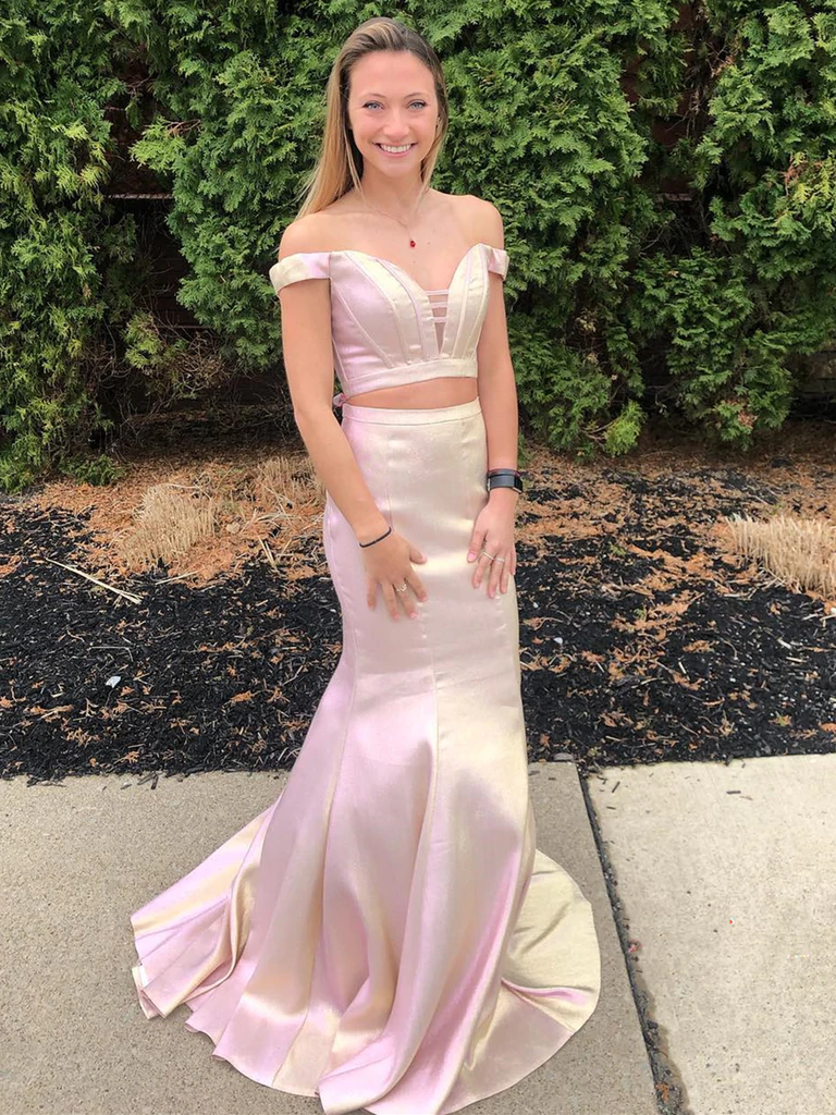 2 piece prom dresses mermaid Beaded White Satin Two-piece Mermaid Long Prom Dress