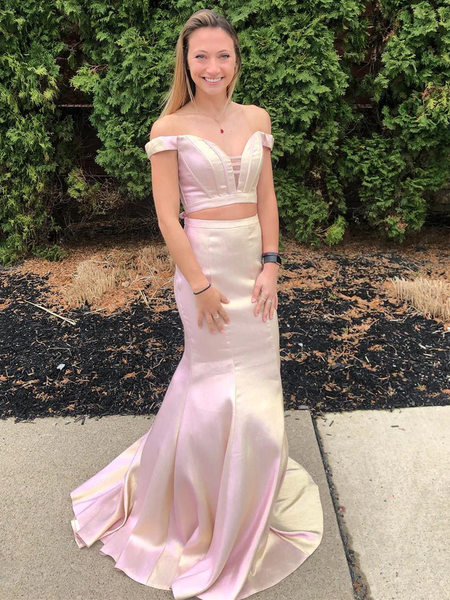 Mermaid Off Shoulder Two Pieces Pink Long Prom Dresses, Mermaid Pink Formal Dresses, 2 Piece Pink Evening Dress