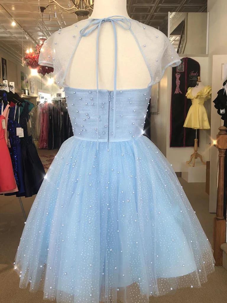 Cap Sleeves Short Beaded Prom Dresses, Short Blue Graduation Homecomin morievent Cap Sleeves Short Beaded Prom Dresses, Short Blue Graduation Homecomin morievent