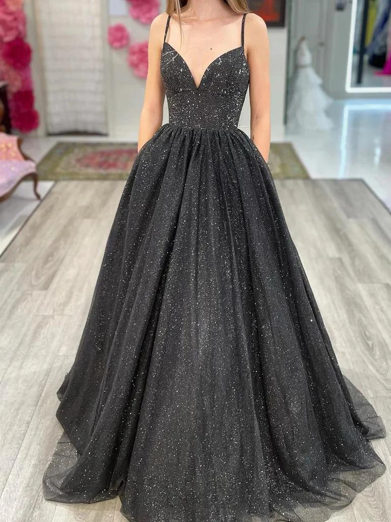 Shiny A Line V Neck Black Red Long Prom Dresses, V Neck Backless Long morievent Shiny A Line V Neck Black Red Long Prom Dresses, V Neck Backless Long morievent