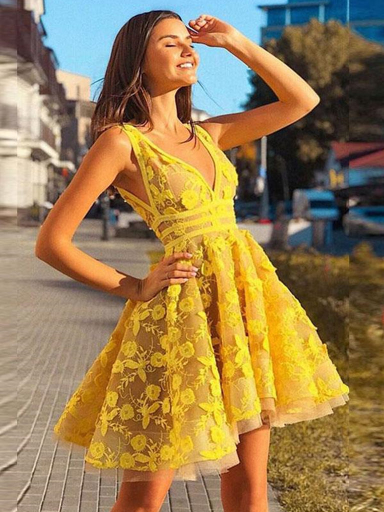 V neck yellow lace short prom dress, V neck yellow lace short evening dress, Homecoming graduation dress V neck yellow lace short prom dress, V neck yellow lace short evening dress, Homecoming graduation dress