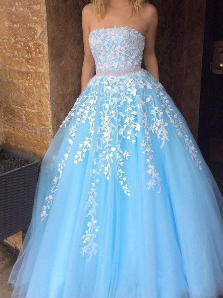 Custom Made Princess Sky Blue Lace Appliqued Tulle Long Prom Dresses With Strapless, Sky Blue Lace Formal Evening Dresses