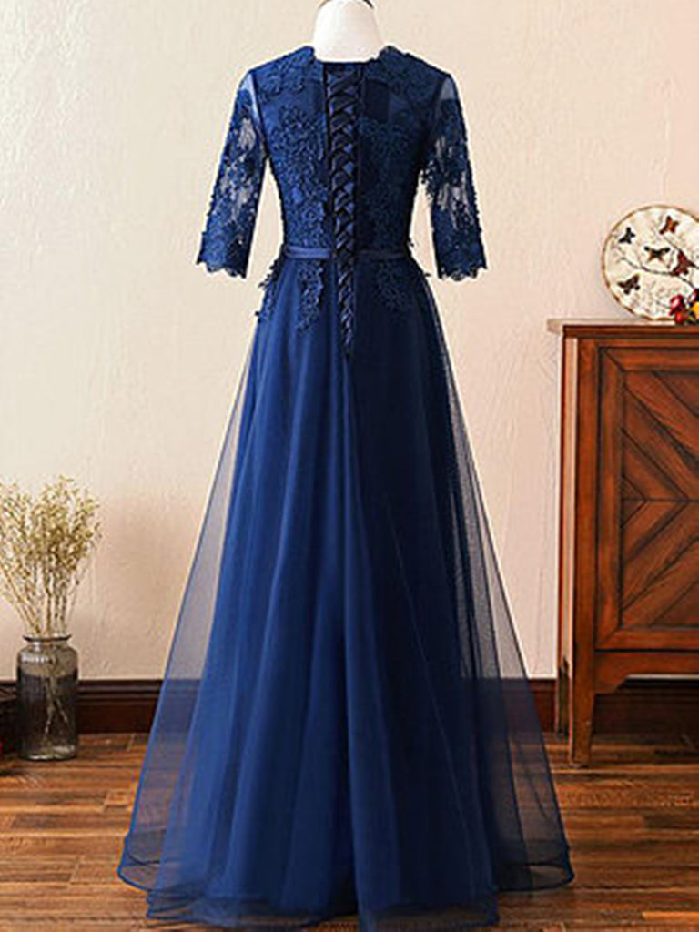 A-line navy blue lace long prom dress with mid sleeves, Navy blue lace morievent A-line navy blue lace long prom dress with mid sleeves, Navy blue lace morievent