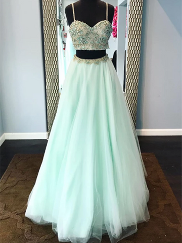 Green 2 Pieces Tulle Beads Long Prom Dresses, Green Two Pieces Beads Long Formal Evening Dresses