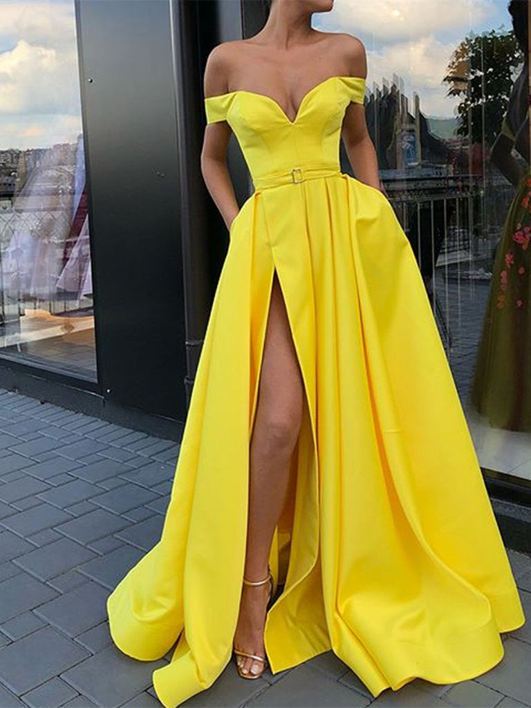 A Line Yellow Off Shoulder Long Prom Dresses With Belt, A Line Sweep T morievent A Line Yellow Off Shoulder Long Prom Dresses With Belt, A Line Sweep T morievent