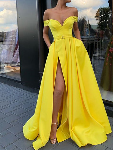 A Line Yellow Off Shoulder Long Prom Dresses With Belt, A Line Sweep Train Split Front Yellow Formal Dresses, Long Satin Charming Evening Dresses