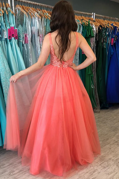 A Line V Neck Backless Coral Lace Long Prom Dresses, Open Back Coral Lace Long Formal Evening Dresses