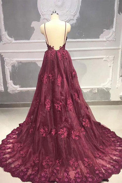 V Neck Burgundy Backless Lace Prom Dresses, Burgundy Lace Sweep Train Formal Evening Dresses