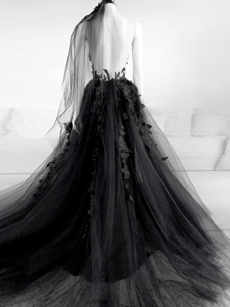 Black Tulle Lace Long Prom Dress, Black Evening Dress