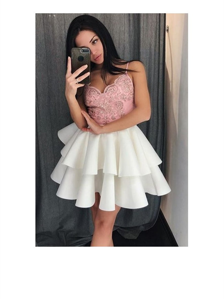 V neck white and pink short prom dresses, white and pink homecoming dr morievent V neck white and pink short prom dresses, white and pink homecoming dr morievent
